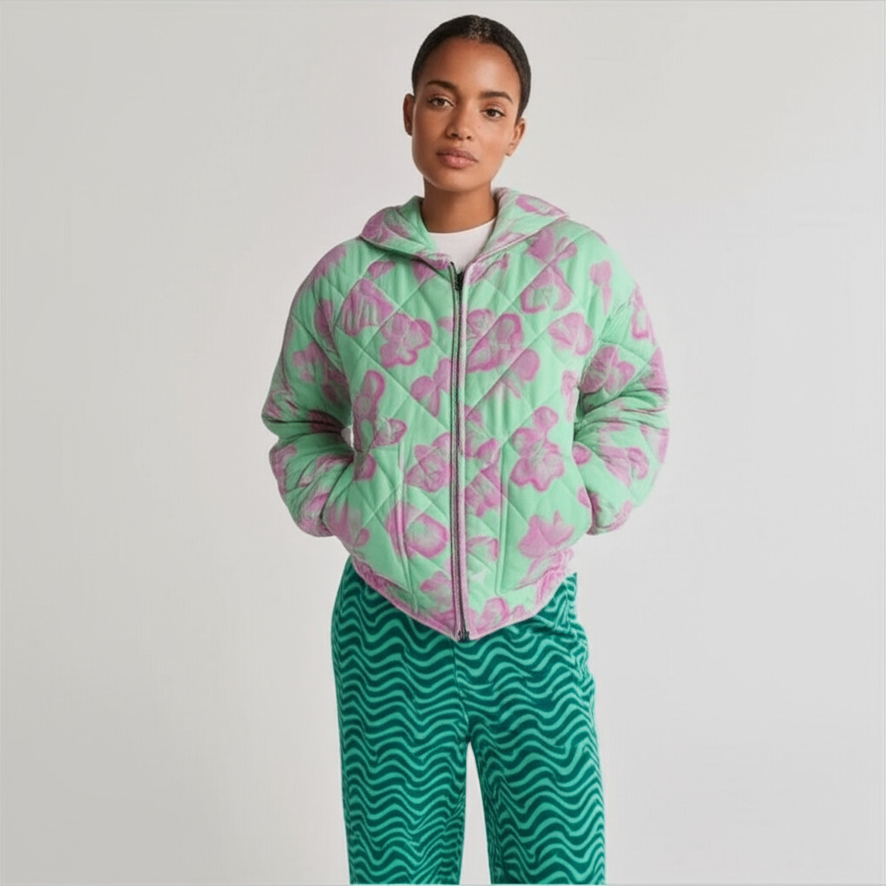 Wild Fable Unisex Mint Green Floral Quilted Puffer Jacket Cozy Trendy Size L